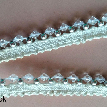 White Thread Trim Embellished With Clear And Silver Beads, Beaded Trim, Approx. 12 mm wide - 200317L408